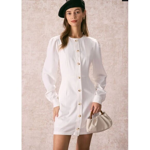 Who What Wear Denim Dress Women M White Classic Puffer Sleeve Sophisticated Chic - Picture 1 of 16